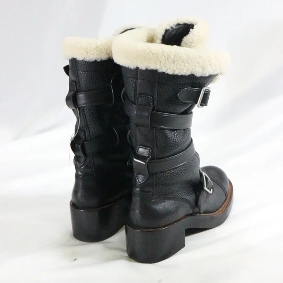 COACH Moto Shearling Pebbled Leather Buckle Boots NEW Sz 5 US Wmn - Picture 4 of 8